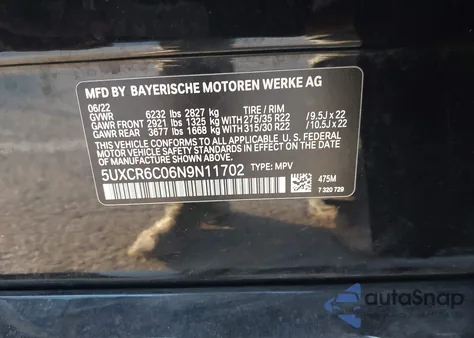 2022 BMW X5 xDrive40I from USA, damaged, VIN 5UXCR6C06N9N11702